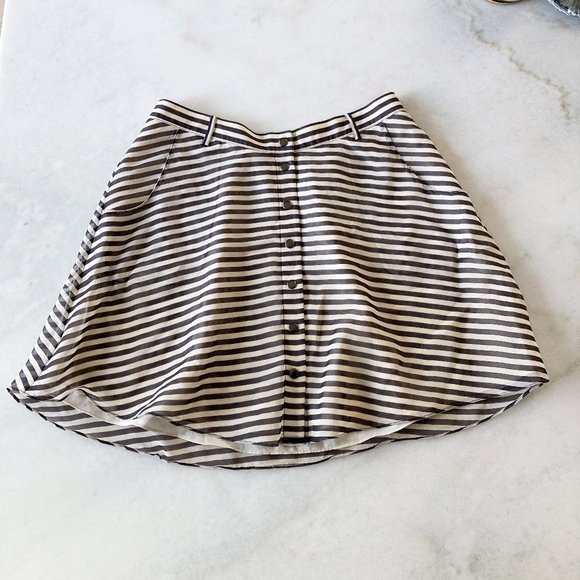 Club Monaco striped skirt 100% silk, cream / grey A line circle skirt, buttons - Picture 1 of 9